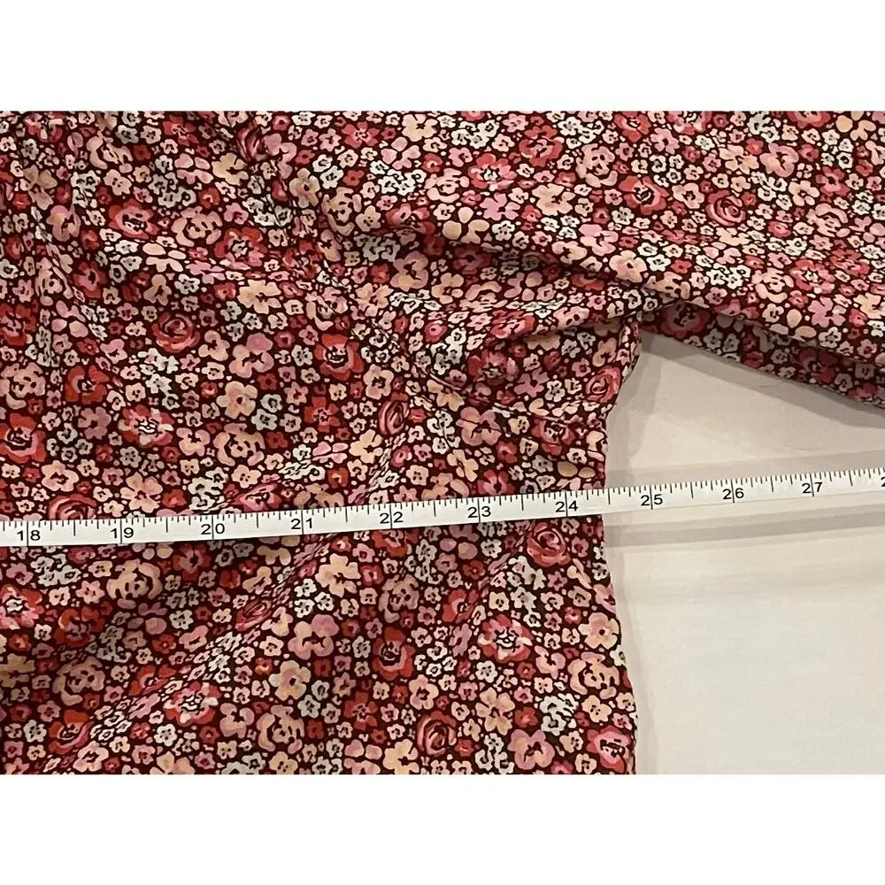 Lee Red Floral Short Sleeve Button Down Shirt, Band Collar, Cottage, Size L